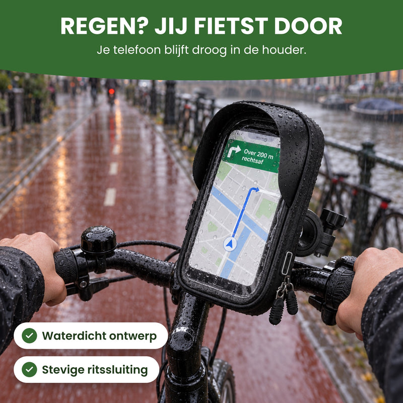 MotoShield Handyhalterung am Fahrradlenker im Regen: wasserdichtes Design mit robustem Reißverschluss