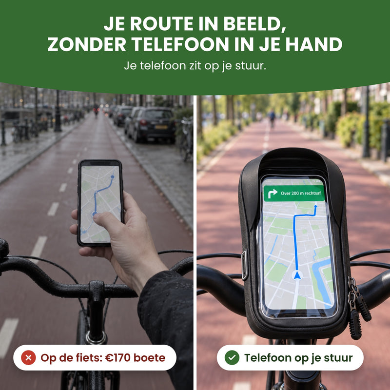 Links Radfahren mit dem Handy in der Hand, rechts das Handy in der MotoShield am Lenker, die Route im Blick