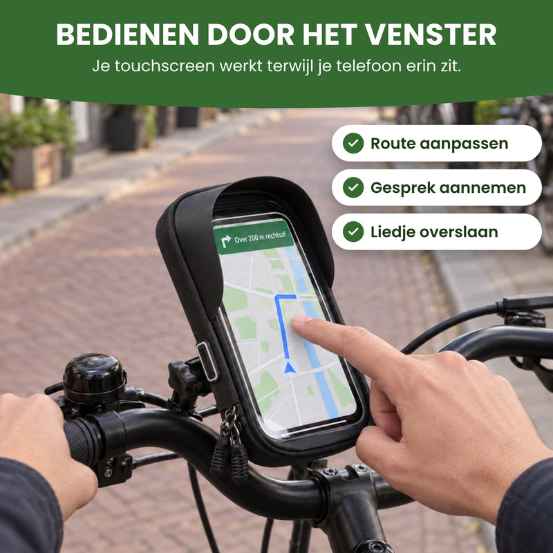 Ein Finger bedient das Handy durch die transparente Folie der MotoShield: Route anpassen, Anruf annehmen, Song überspringen