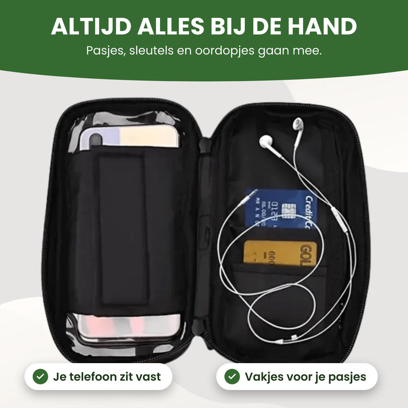 MotoShield Handyhalterung aufgeklappt, mit dem Handy hinter einem Band und Fächern für Karten und Ohrhörer