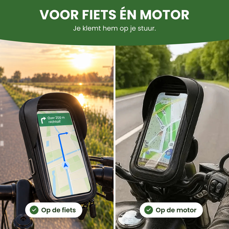 MotoShield Handyhalterung an einem Fahrradlenker und an einem Motorradlenker