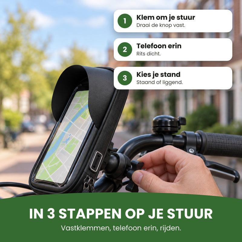 MotoShield in drei Schritten montieren: Klemme um den Lenker, Handy rein und Reißverschluss zu, Ausrichtung wählen