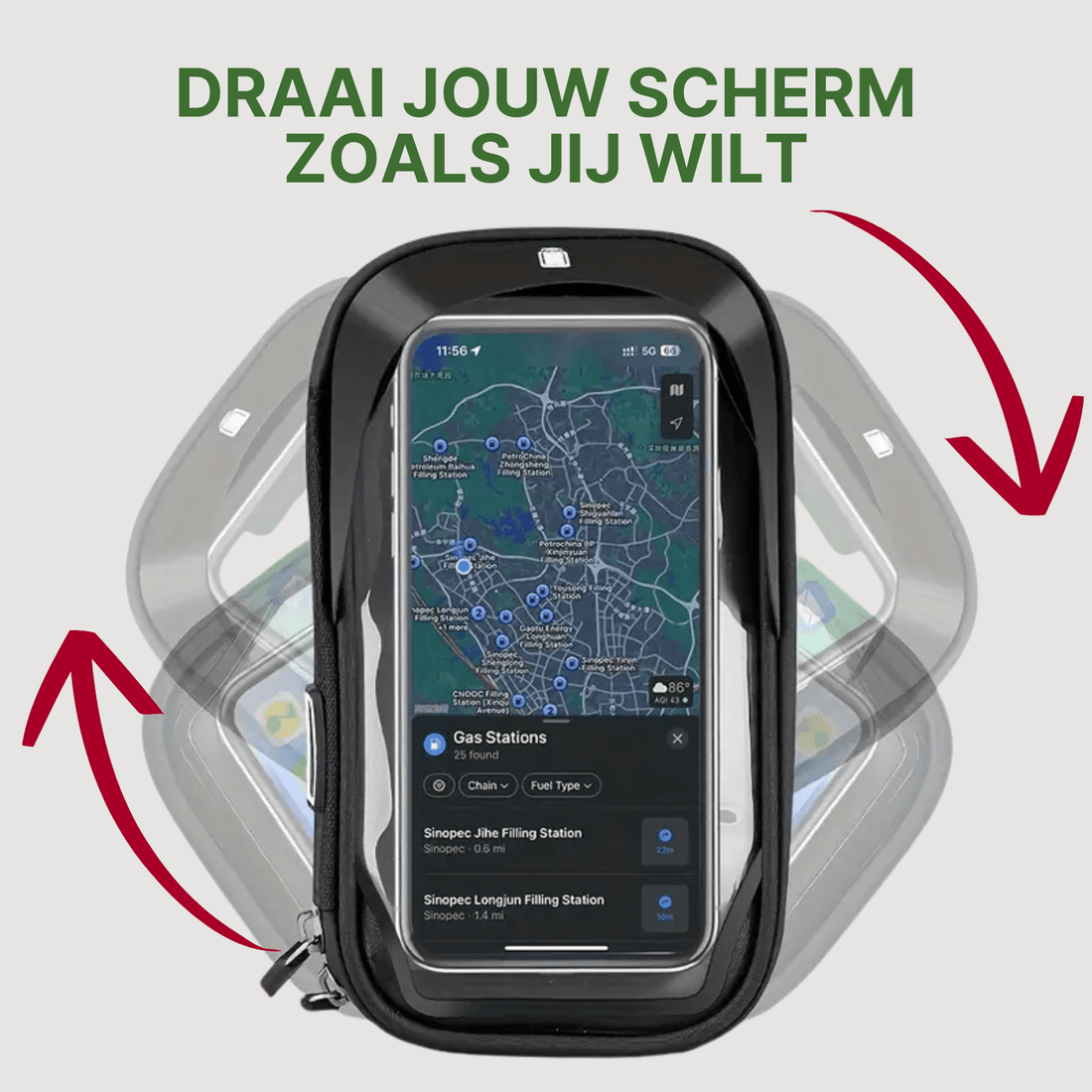 MotoShield wasserdichte Telefonhalterung mit 360-Grad-Drehfunktion und Navigationsbildschirm im Hochformat.