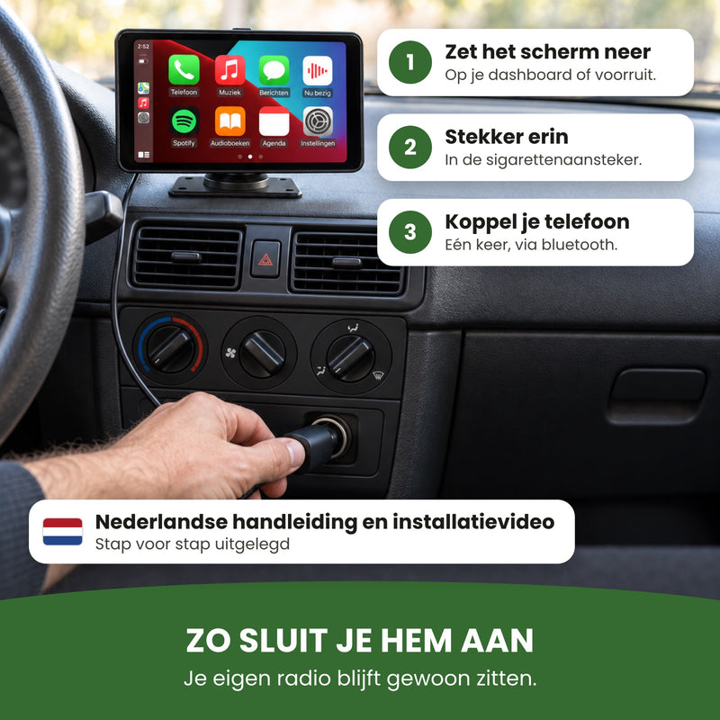 Stecker des Navion One im Zigarettenanzünder, in drei Schritten angeschlossen. Mit deutscher Anleitung