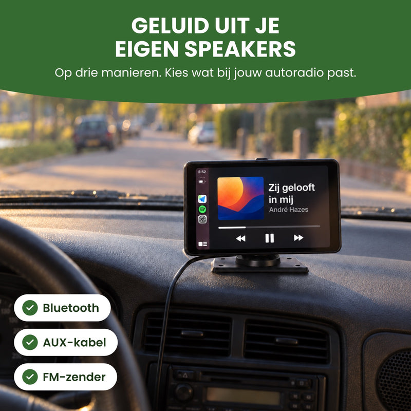 Navion One über dem Autoradio, mit Musikplayer auf dem Display: Ton aus deinen eigenen Lautsprechern per Bluetooth, AUX-Kabel oder FM-Transmitter