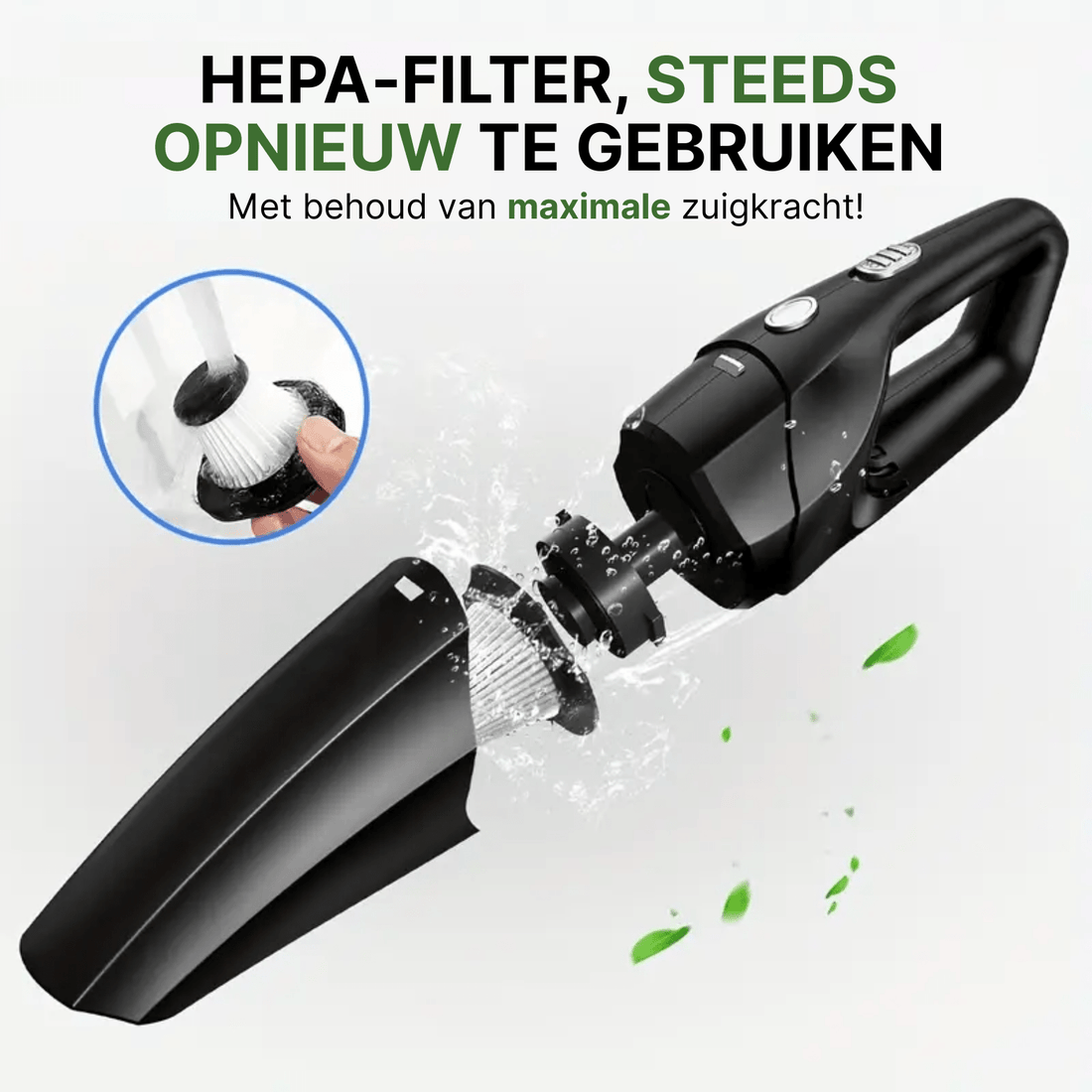 Zerlegte Neatix™ Handstaubsauger mit waschbarem HEPA-Filter unter fließendem Wasser.