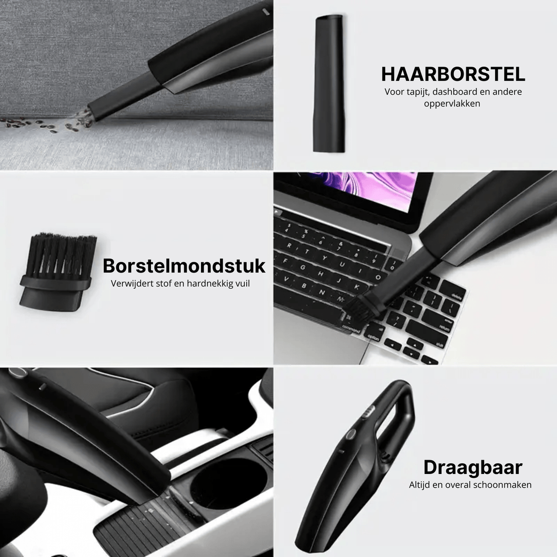 Neatix™ Handstaubsauger mit Aufsätzen für Teppich, Tastatur und Autoinnenraum in Gebrauch gezeigt.