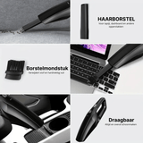 Neatix™ Handstaubsauger mit Aufsätzen für Teppich, Tastatur und Autoinnenraum in Gebrauch gezeigt.