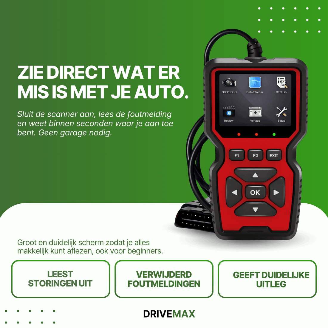 Rot-schwarzer Drive Max OBD2-Scanner mit Bildschirm und Tasten, mit angeschlossenem Kabel vor grünem Hintergrund.
