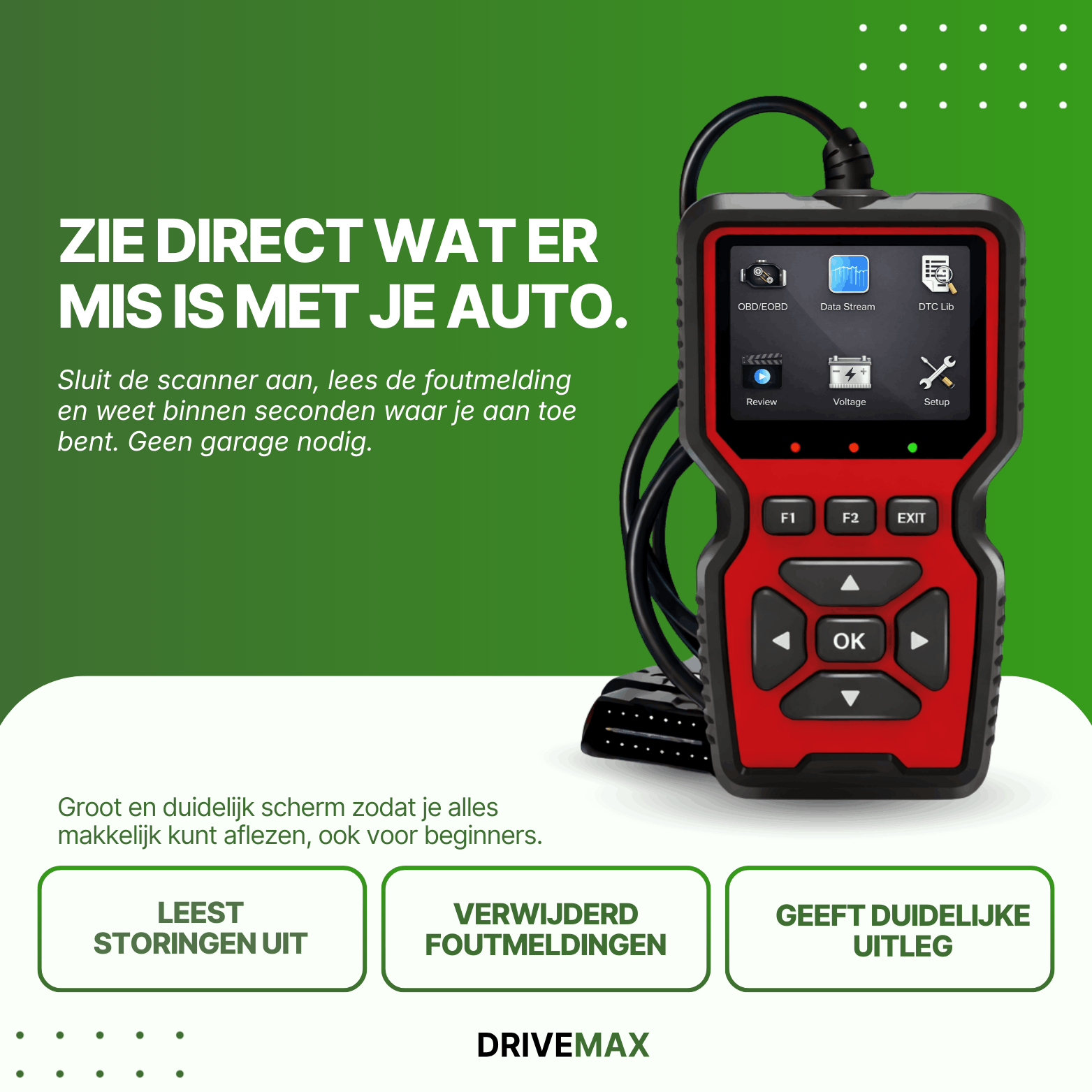 Rot-schwarzer Drive Max OBD2-Scanner mit Bildschirm und Tasten, mit angeschlossenem Kabel vor grünem Hintergrund.