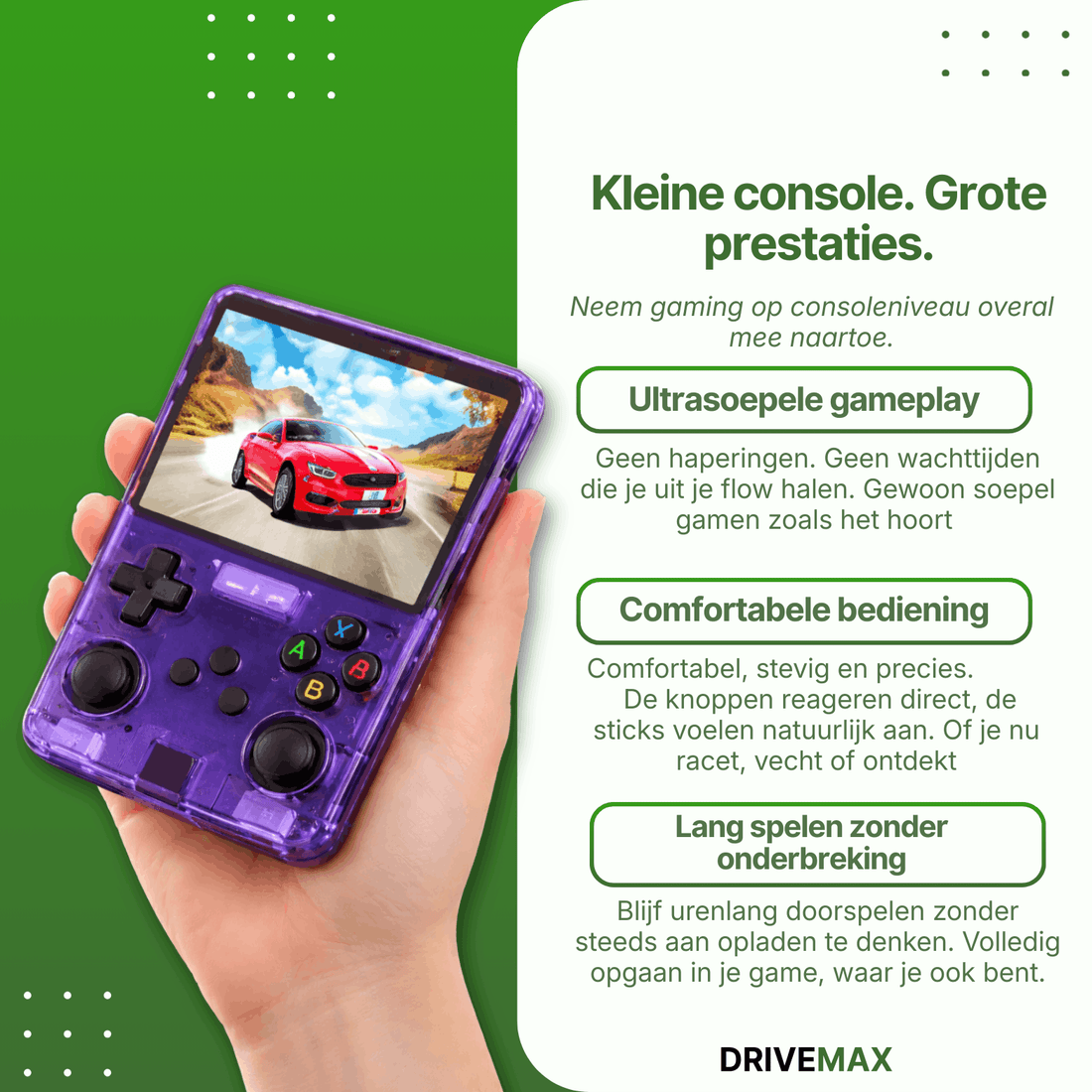 Lila transparente Handheld-Spielekonsole in einer Hand gehalten, auf dem Bildschirm ein rotes Auto auf einer Straße.