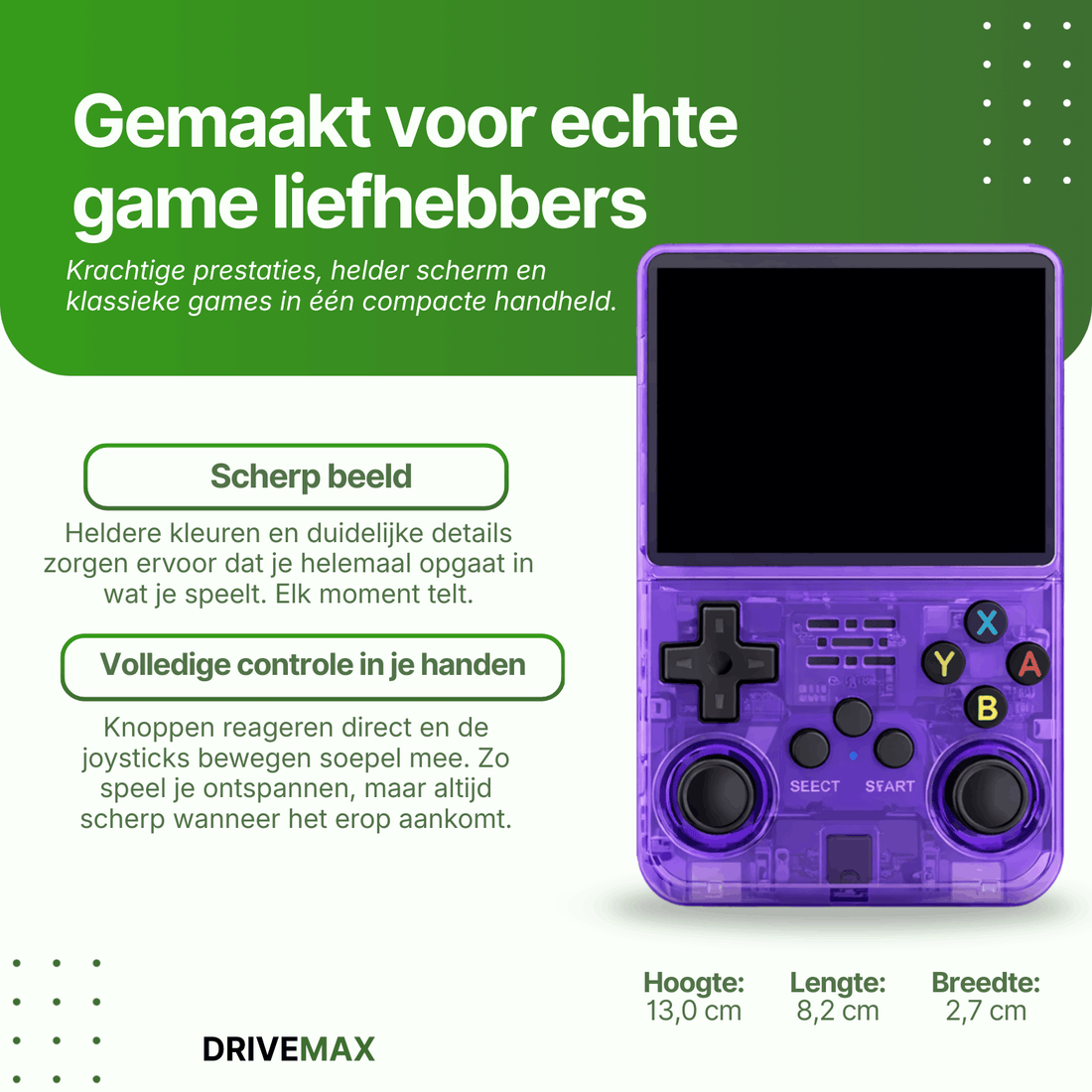 Lila transparente Handheld-Spielekonsole mit Bildschirm, Steuerkreuz, Joysticks und farbigen Tasten auf hellem Hintergrund.