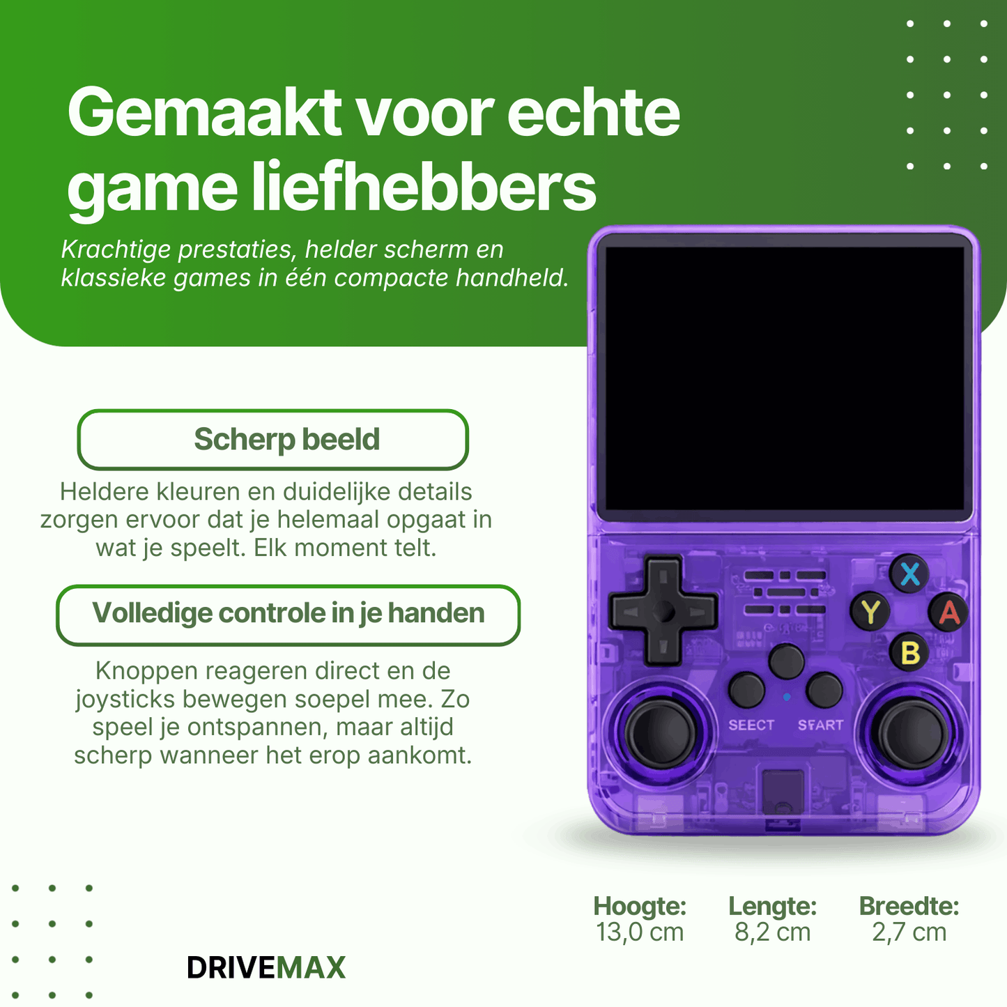 Lila transparente Handheld-Spielekonsole mit Bildschirm, Steuerkreuz, Joysticks und farbigen Tasten auf hellem Hintergrund.