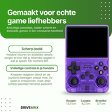 Lila transparente Handheld-Spielekonsole mit Bildschirm, Steuerkreuz, Joysticks und farbigen Tasten auf hellem Hintergrund.