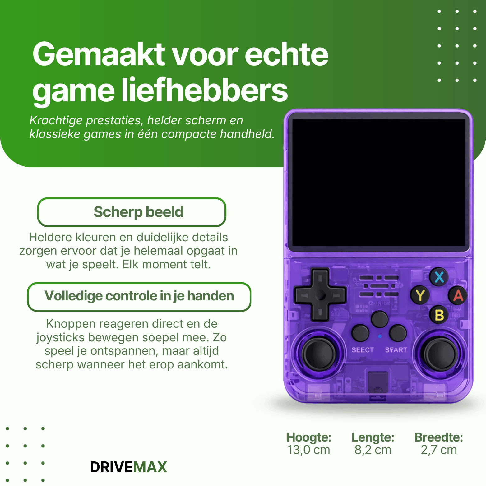 Lila transparente Handheld-Spielekonsole mit Bildschirm, Steuerkreuz, Joysticks und farbigen Tasten auf hellem Hintergrund.