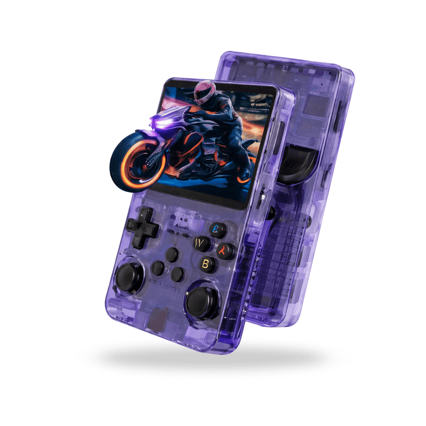 Transparente lila Handheld-Spielekonsole mit Joysticks und Tasten, auf dem Bildschirm ein Motorradrennspiel mit Fahrer.