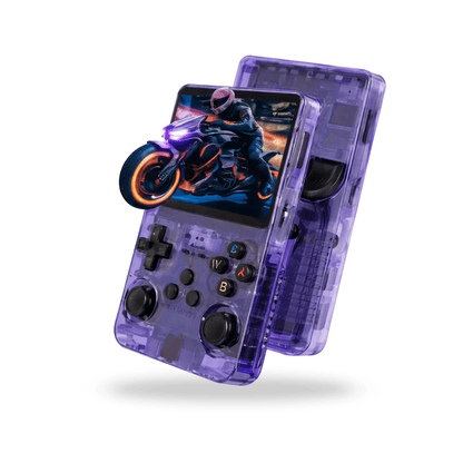 Transparente lila Handheld-Spielekonsole mit Joysticks und Tasten, auf dem Bildschirm ein Motorradrennspiel mit Fahrer.