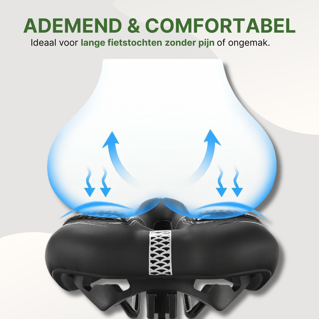 Unterseite eines ergonomischen Fahrradsattels mit Belüftungseffekt, entworfen für Komfort während langer Fahrten.