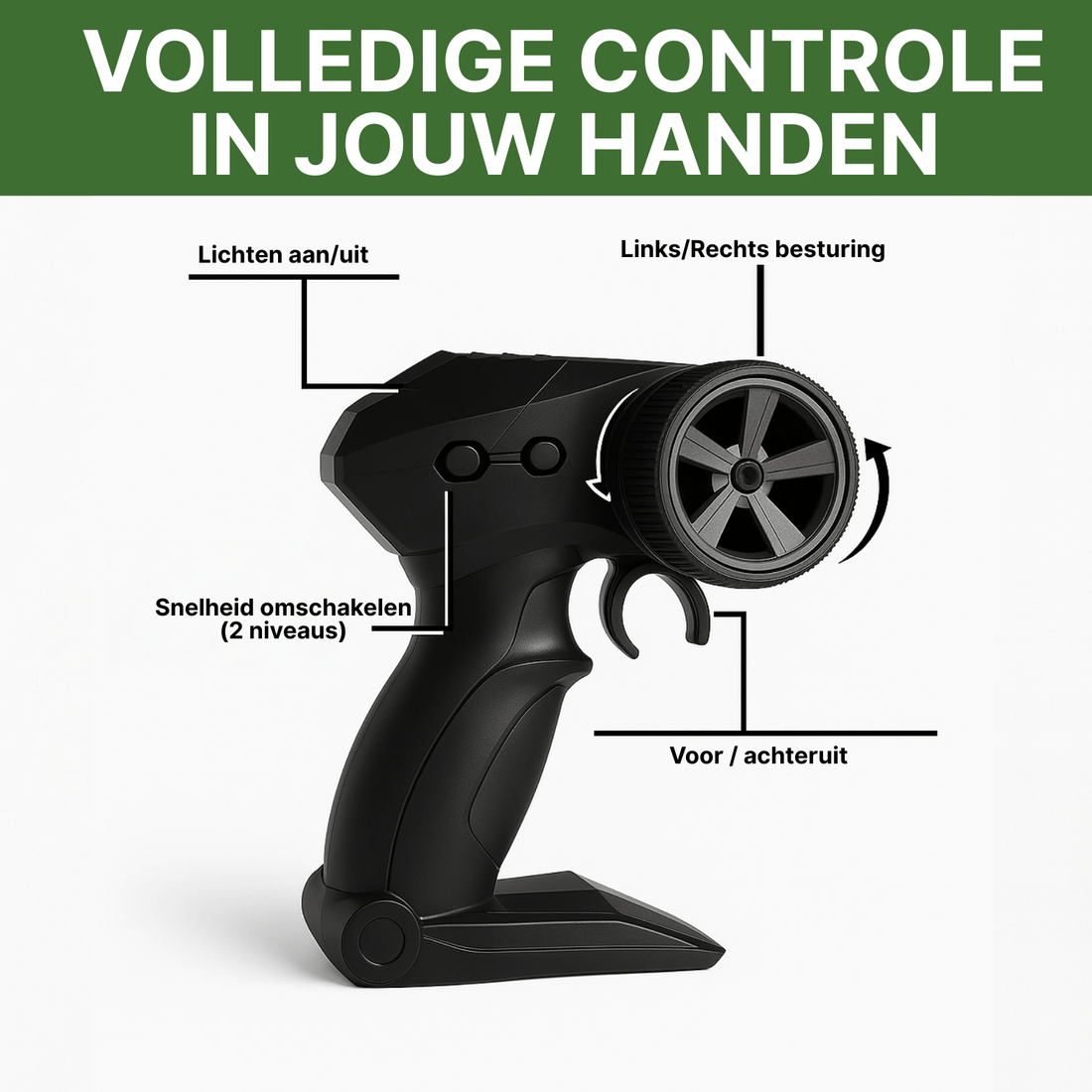 Schwarze RC-Fernbedienung mit Tasten für Licht, Geschwindigkeitsregelung und Steuerung für ferngesteuertes Auto.