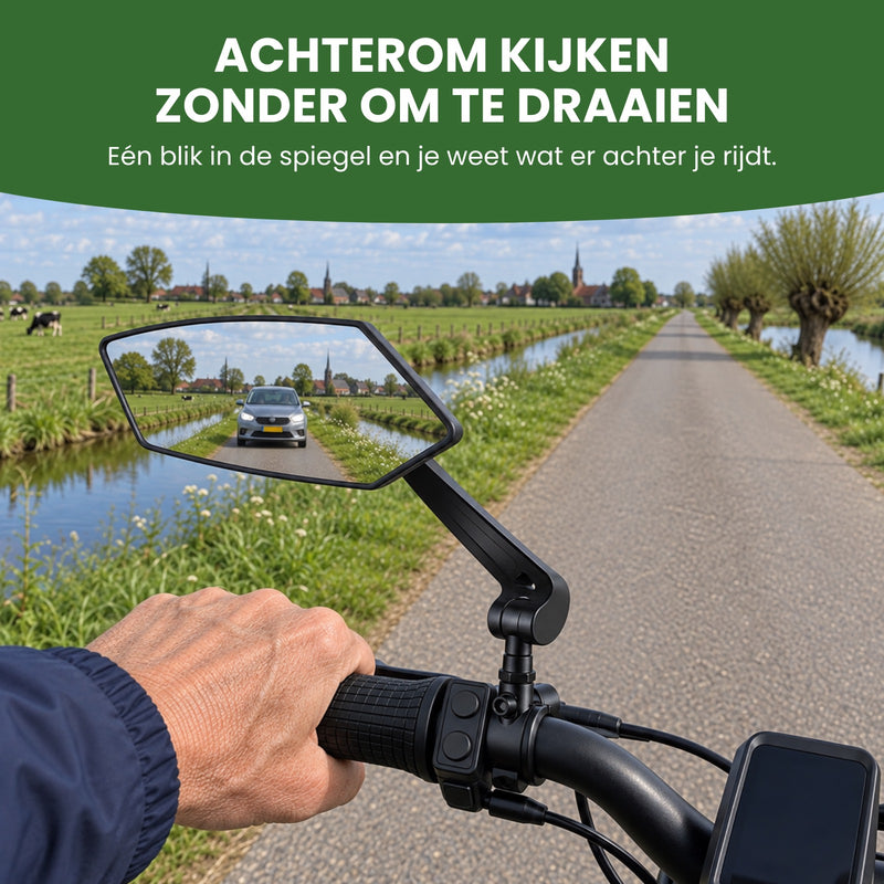 Vom Sattel eines E-Bikes auf einer Landstraße: im Reflectra-Fahrradspiegel links kommt ein Auto näher. Nach hinten schauen, ohne dich umzudrehen