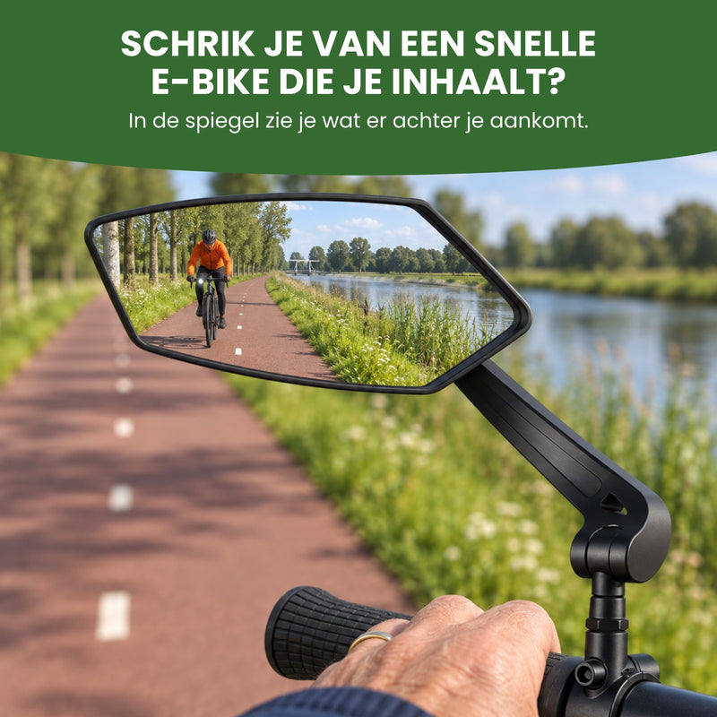Der Reflectra-Fahrradspiegel aus der Nähe auf einem Radweg; im Glas kommt ein Radfahrer näher: du siehst, was hinter dir kommt