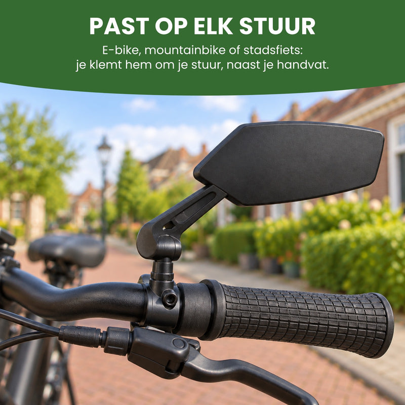 Die Klemme des Reflectra-Fahrradspiegels am Lenker eines E-Bikes, neben dem Griff, von vorn gesehen: passt an jeden Lenker