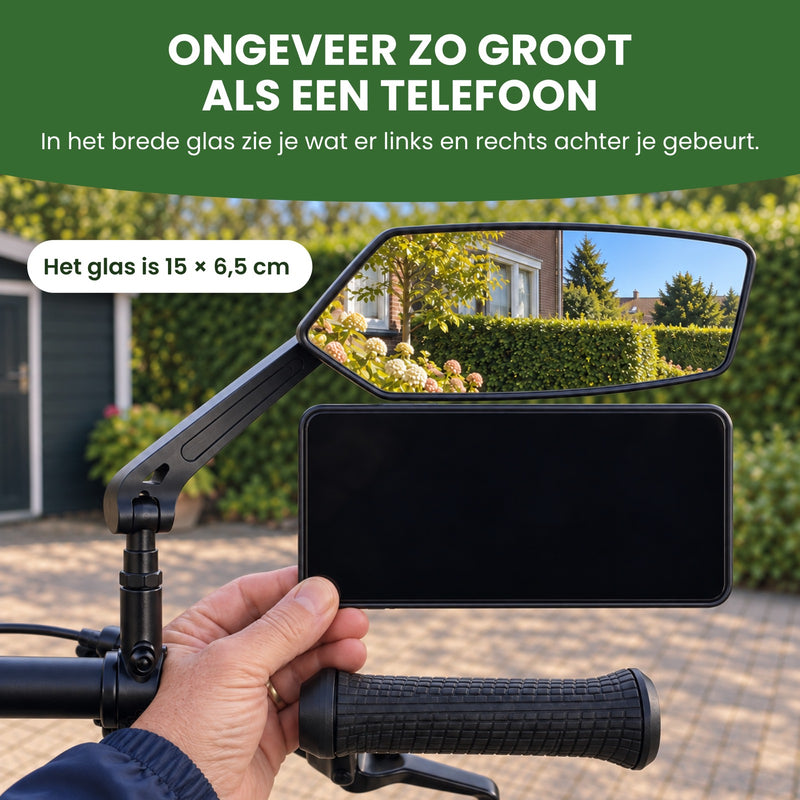 Eine Hand hält ein Handy unter den Reflectra-Fahrradspiegel: die Spiegelfläche ist 15 × 6,5 cm, etwa so groß wie ein Handy