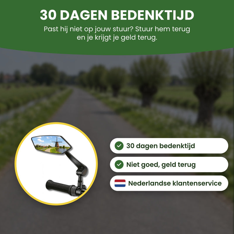 Reflectra-Fahrradspiegel mit einem Feldweg im Glas, in einem Kreis: 30 Tage Rückgaberecht, Geld zurück und Kundenservice auf Deutsch