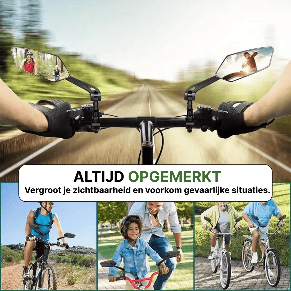 Aktionsbild eines Fahrradlenkers mit Reflectra-Spiegeln, die hinterherkommende Radfahrer deutlich zeigen.