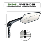 Schwarzer Reflectra-Fahrradspiegel mit Abmessungen und Nahaufnahme der verstellbaren Lenkerbefestigung.