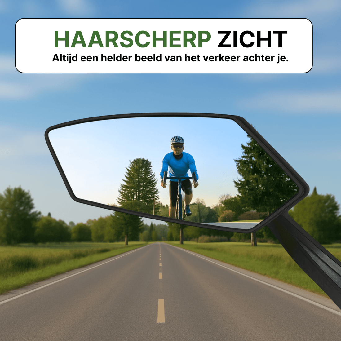 Reflectra-Fahrradspiegel mit haarscharfer Reflexion eines Radfahrers auf einer geraden Landstraße.