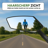 Reflectra-Fahrradspiegel mit haarscharfer Reflexion eines Radfahrers auf einer geraden Landstraße.