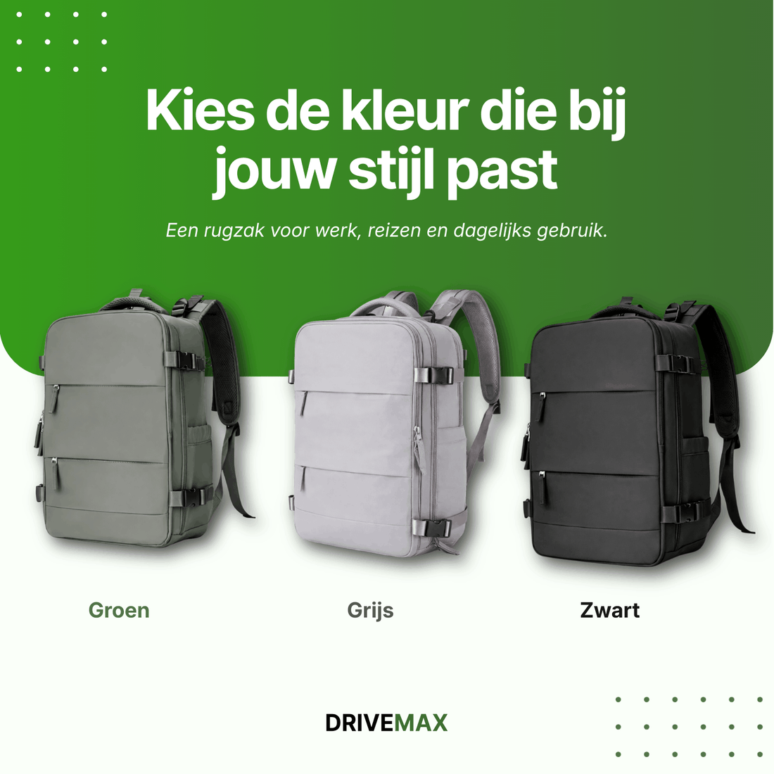 Moderne Reisetasche im Rucksackstil in drei Farben – Grün, Grau und Schwarz – für Arbeit, Reisen und Alltag.