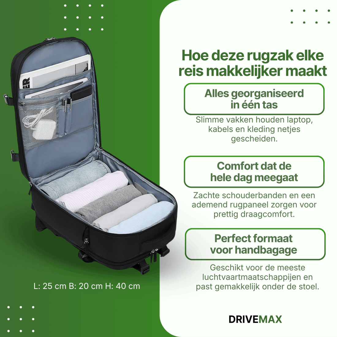Geöffnete Reisetasche im Rucksackstil mit Laptopfach, Netzfächern und Platz für Kleidung – ideal als Handgepäck für Reisen.