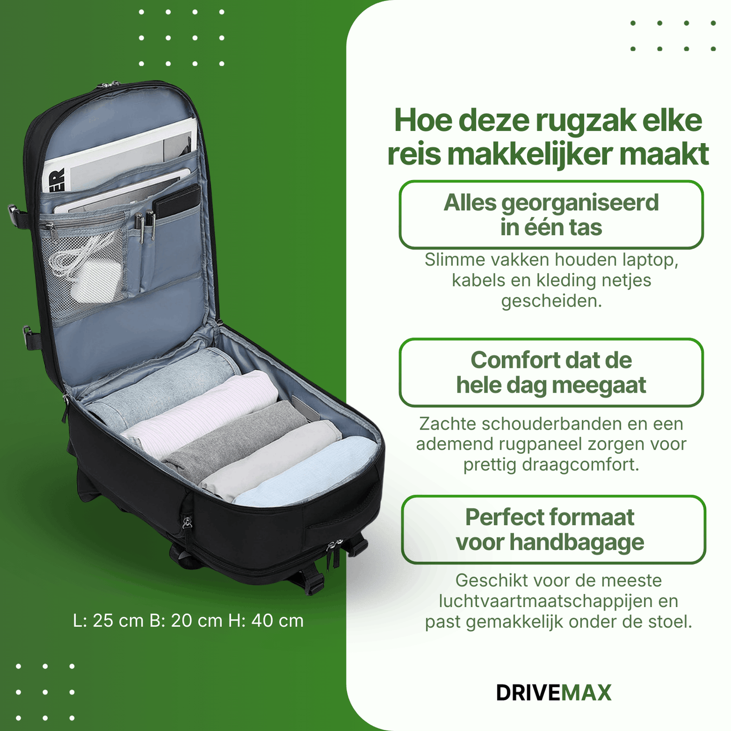 Geöffnete Reisetasche im Rucksackstil mit Laptopfach, Netzfächern und Platz für Kleidung – ideal als Handgepäck für Reisen.
