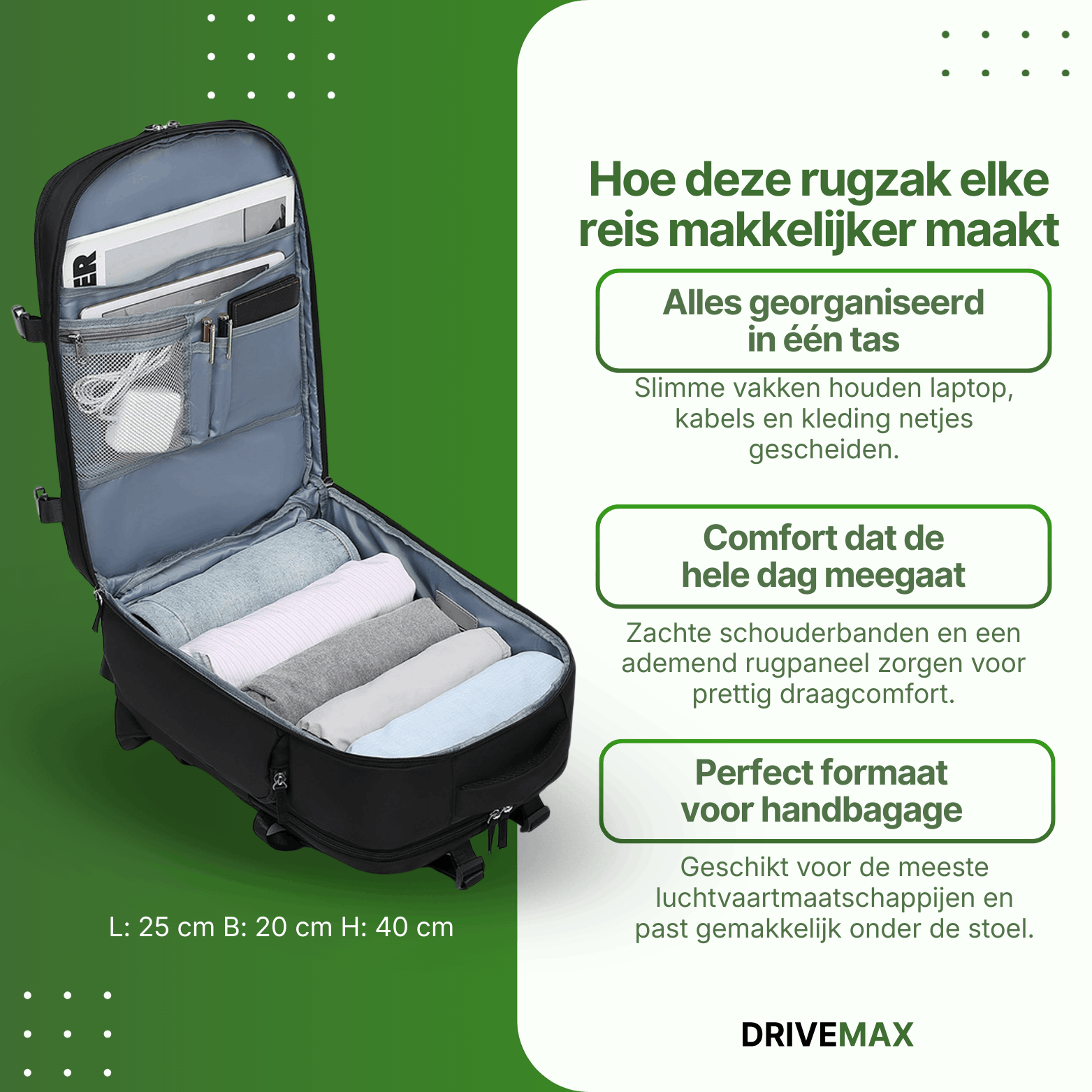 Geöffnete Reisetasche im Rucksackstil mit Laptopfach, Netzfächern und Platz für Kleidung – ideal als Handgepäck für Reisen.