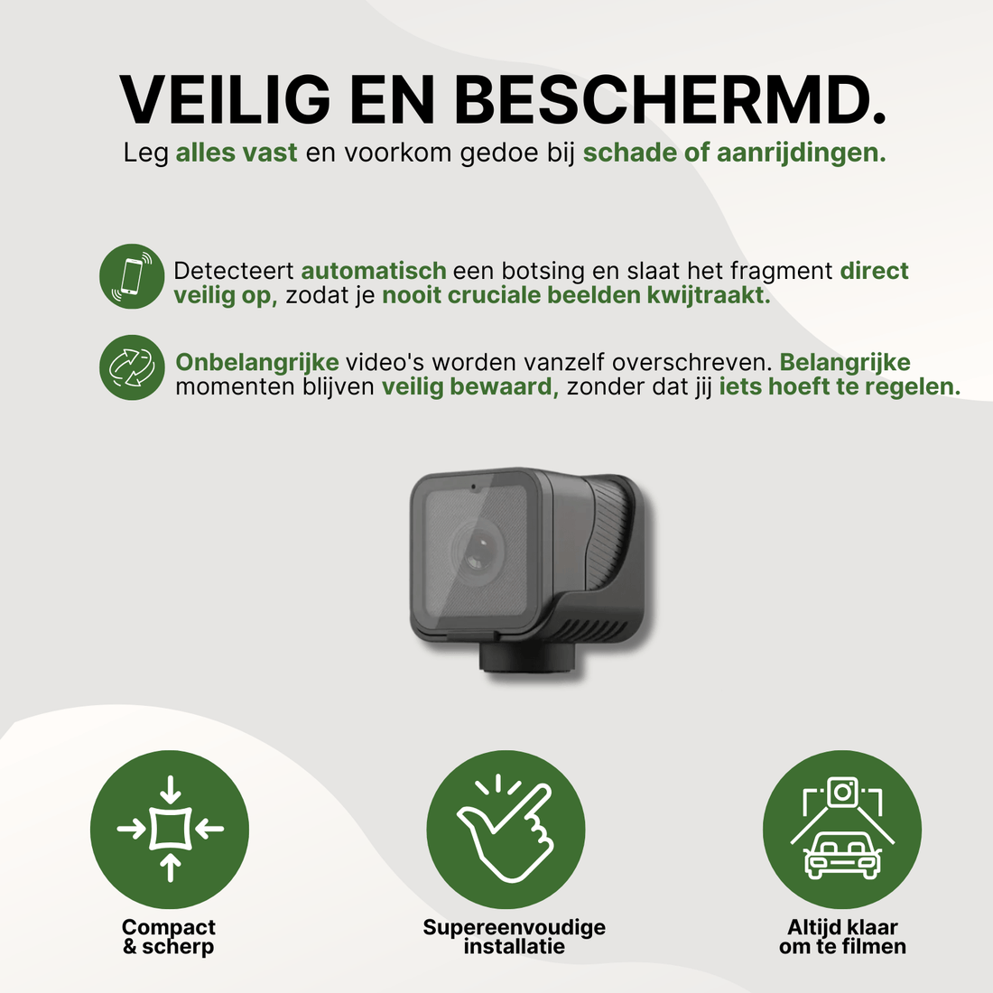 Kompakte schwarze Motorradkamera mit Werbetext über sichere Aufnahmen und automatische Speicherung.