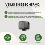 Kompakte schwarze Motorradkamera mit Werbetext über sichere Aufnahmen und automatische Speicherung.