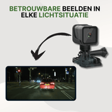 Kompakte schwarze Motorradkamera auf Halterung mit Hinweis auf zuverlässige Aufnahmen bei Tag und Nacht.