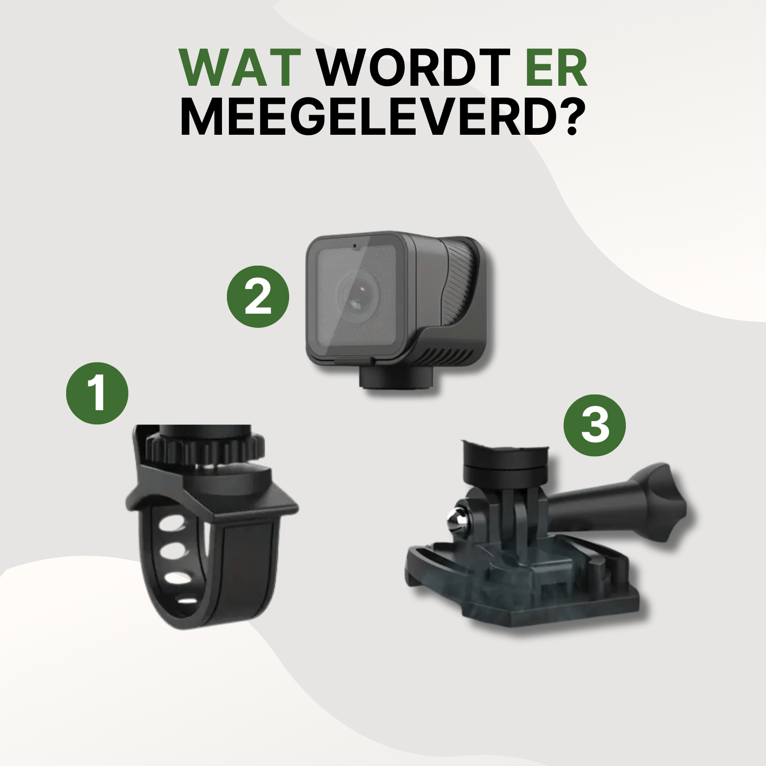 RideGuard Pro dashcam met meegeleverde stuurhouder, camera en helmbevestiging in beeld.