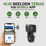 Motorradkamera mit Lenkerhalterung neben Smartphone mit App-Anzeige und WLAN-Verbindung zur Kamera.