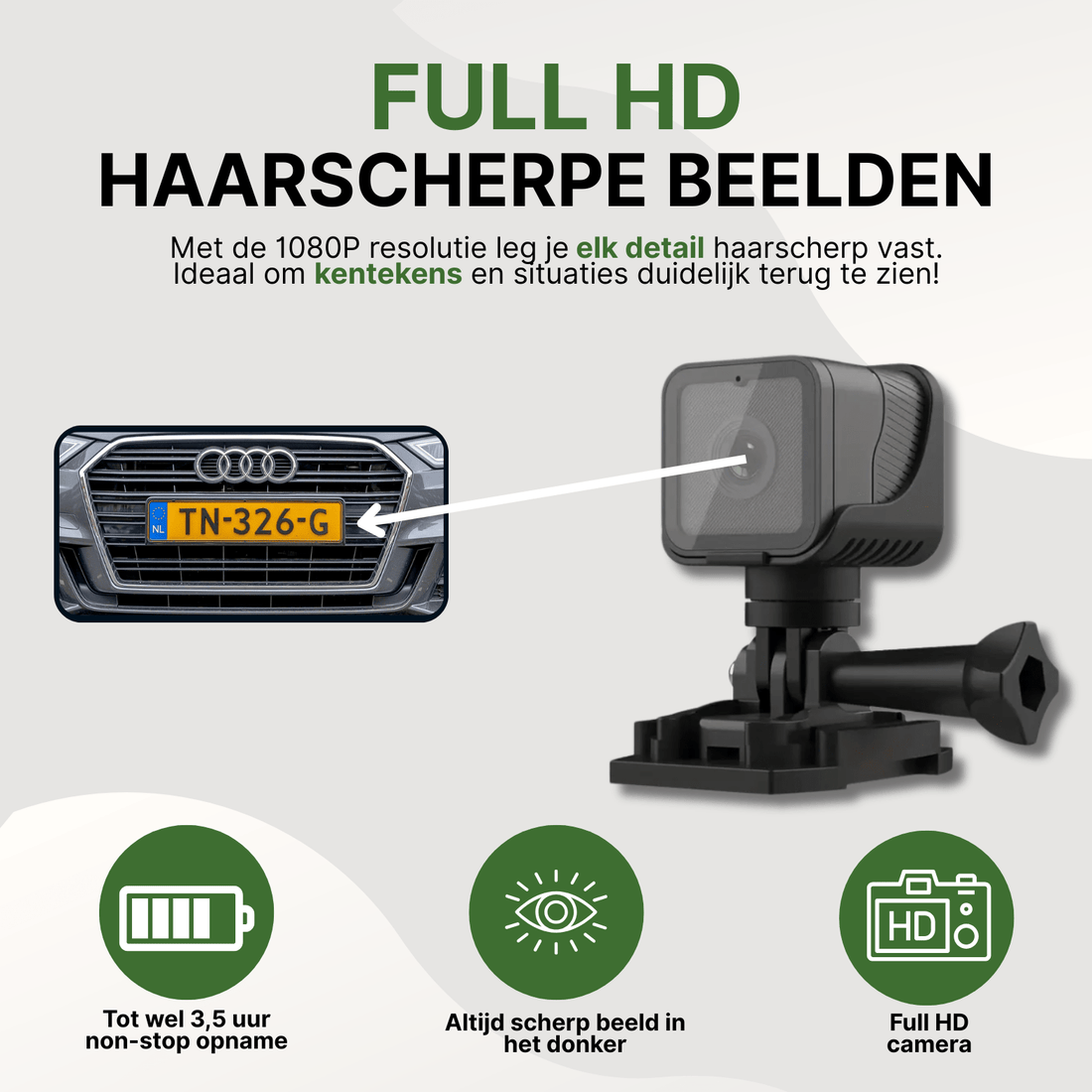 Kompakte schwarze Motorradkamera auf Halterung mit Werbetext zu Full HD Aufnahme und klaren Bildern.