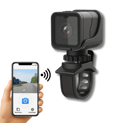 Zwarte RideGuard Pro motor dashcam met stuurbevestiging en live verbinding met smartphone.