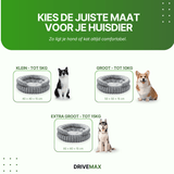 Übersicht eines grauen runden Plüsch Hundebetts in drei Größen mit Katze und Hunden daneben.