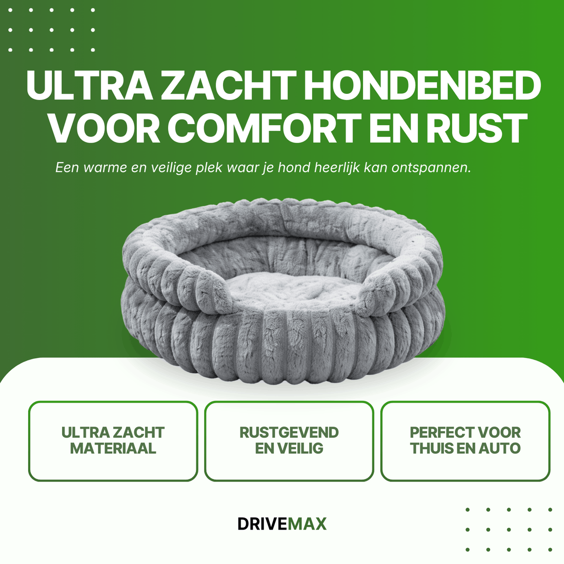 Rundes graues Plüsch Hundebett auf grünem Hintergrund mit Werbetext über weiches Hundebett.