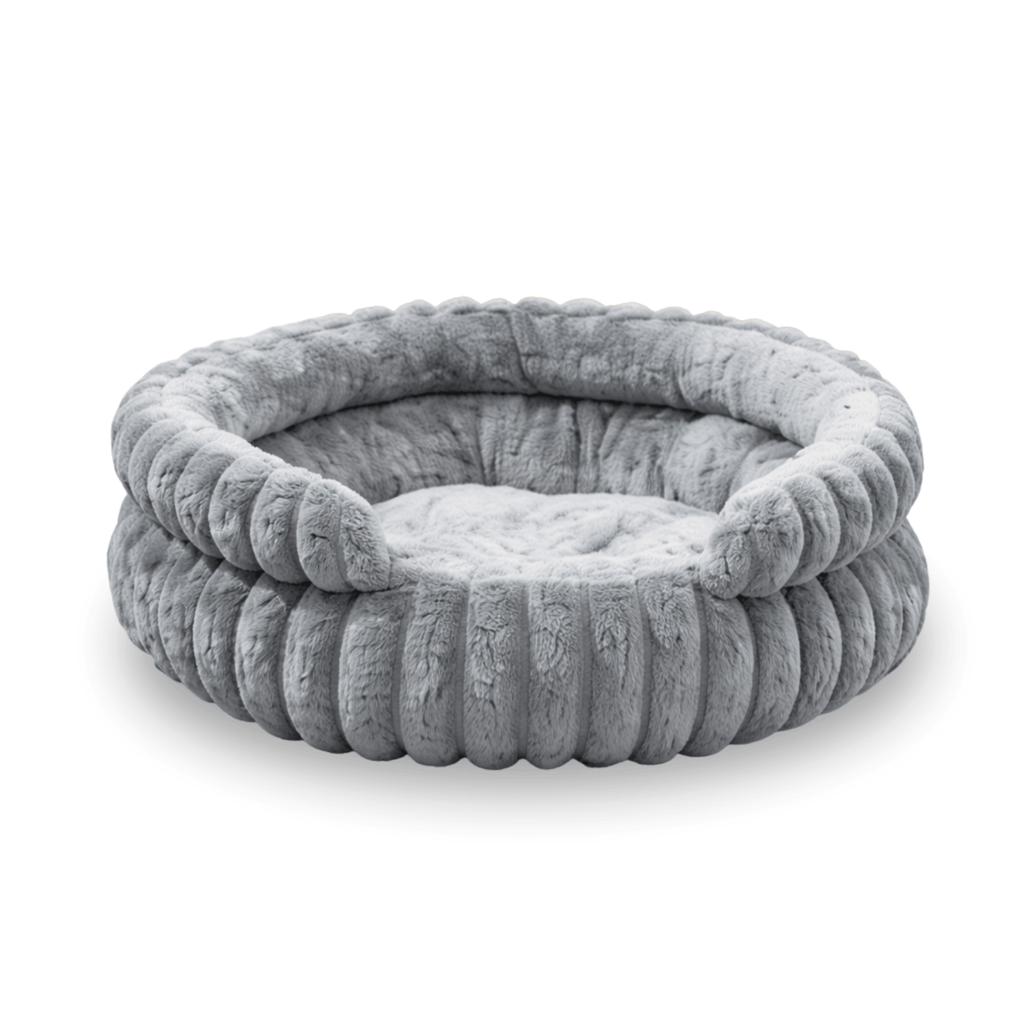 Rundes graues Plüsch Hundebett mit weichem erhöhtem Rand und gepolsterter Liegefläche.