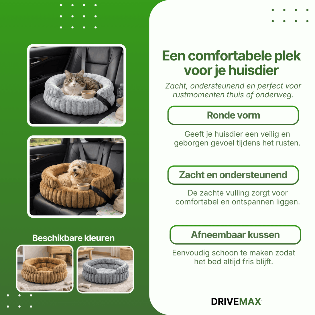 Rundes Plüsch Hundebett auf einem Autositz mit Katze und Hund, dazu Farbauswahl des Betts.