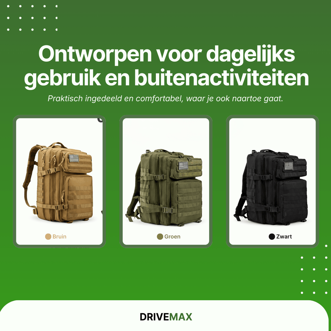 Rucksack erhältlich in drei Farben: braun, grün und schwarz, dargestellt in Vorderansicht.