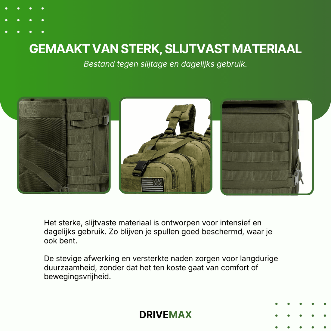 Detailansicht eines grünen Rucksacks mit verstärkten Nähten, Reißverschlüssen und fest verarbeiteten Gurten.