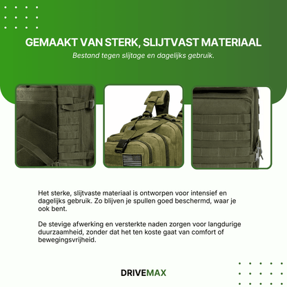 Detailansicht eines grünen Rucksacks mit verstärkten Nähten, Reißverschlüssen und fest verarbeiteten Gurten.